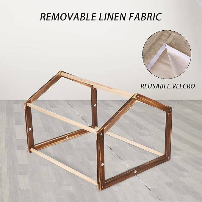 Dog House with Wooden Frame for Small Dogs or Cats Pet House with Fabric Cushion for Indoor (Beige)