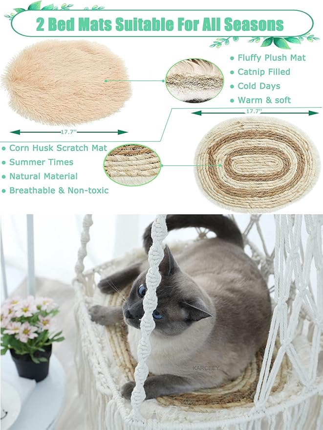 Hanging Cat Hammock Bed 9 Pcs Macrame Cat Swing Bed Macrame Hanging Cat Bed, with 2 Catnip Mat Bed