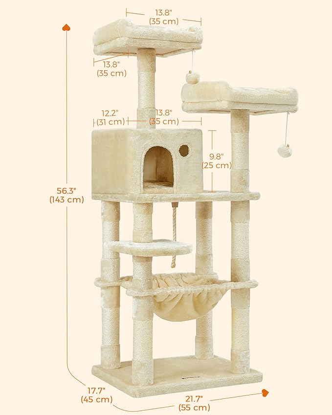 Feandrea Cat Tree, 56.3-Inch Cat Tower for Indoor Cats, Multi-Level Cat Condo with 11 Scratching Posts, 2 Perches, Cave, Hammock, Beige UPCT15BE