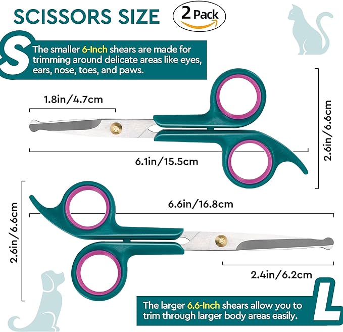 Professional Dog and Cat Grooming Scissors, Pet Grooming Shears, Sharp Stainless Steel Blade With Round Tips - Safety Fur Trimming for Dogs, Cats, Horses (Set of 2)