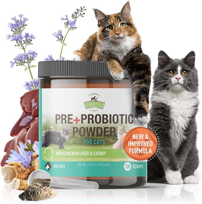 Strawfield Pets' Pre + Probiotic Powder for Cats with Catnip Probiotic for Cats Diarrhea Relief Supplement Natural Chicken Liver Flavor 120 grams / 120 Scoops