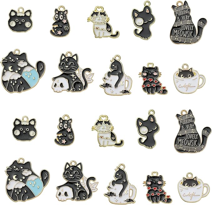 KitBeads 30pcs 10 Styles Black Cat Charms Kawaii Animal Pet Charms Tarot Halloween Celestial Kitten Charms for Jewelry Making Bracelets Bulk