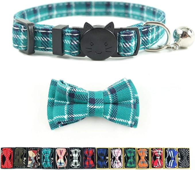 Cat Collar Breakaway with Bell and Bow Tie, Plaid Design Adjustable Safety Kitty Kitten Collars(6.8-10.8in) (Cyan-Blue)