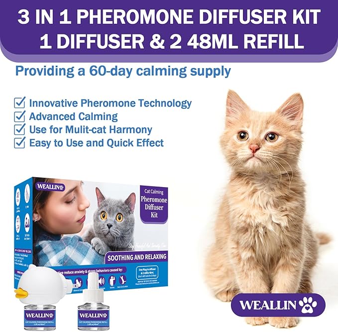 Cat Calming Diffuser Kit - Cat Pheromones Calming Diffuser Relieve Anxiety & Stress - 3-in-1 Cat Pheromone Diffuser Kit with 1 Diffuser + 2 refill 48ml Vial - 60 Days of Comfort and Relaxation