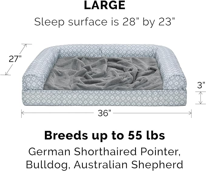 Furhaven Cozy Orthopedic Dog Bed for Large/Medium Dogs w/ Removable Bolsters & Washable Cover, For Dogs Up to 55 lbs - Plush & Diamond Print Nest Top Sofa - Gray, Large
