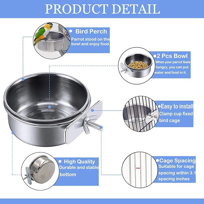 HERCOCCI Bird Feeder Dish Cup, Stainless Steel Parrot Food Bowl Feeding Coop Cups Clamp Holder, Bird Water Cage Bowl for Parakeet Lovebird Conure Cockatiel Budgie Chinchilla (4 Pieces)