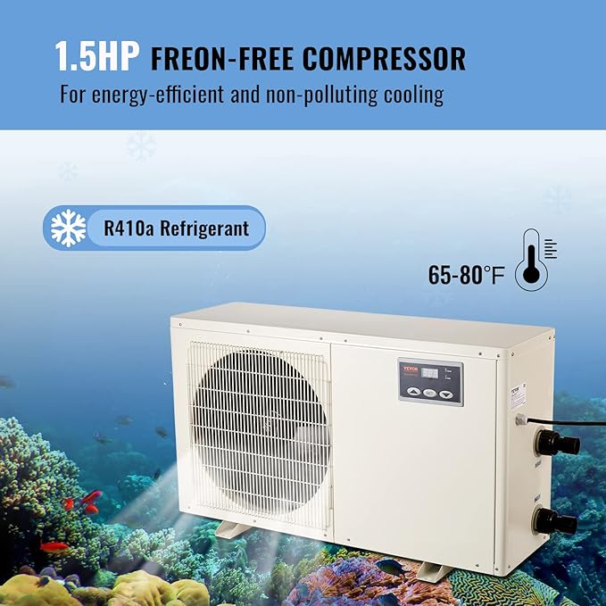 VEVOR Aquarium Chiller, 500 Gal 1892 L, 1.5 HP Hydroponic Water Chiller, Quiet Refrigeration Compressor for Seawater and Fresh Water, Fish Tank Cooling System, for Jellyfish, Coral Reef