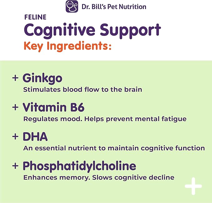 Dr. Bill's Feline Cognitive Support | Memory Support Supplement for Cats | Pet Supplement | Contains Gingko Biloba, L-Carnosine, Vitamin B-12, L-Glutamine, L-Tyrosine, and DHA