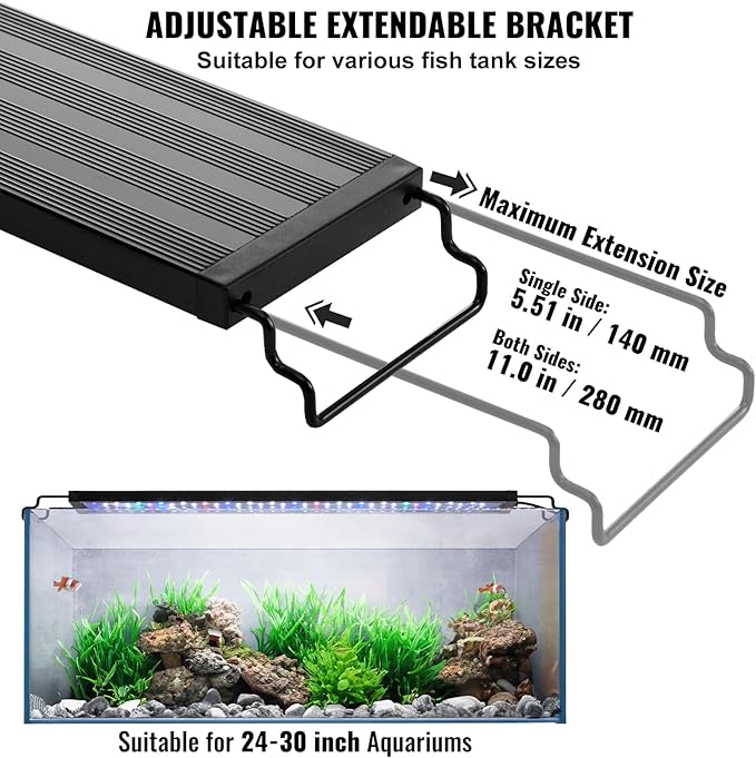 VEVOR Aquarium Light, 18W Full Spectrum Fish Tank Light with 5 Levels Adjustable Brightness, Adjustable Timer and Power-Off Memory, with ABS Shell Extendable Brackets for 24"-30" Freshwater Fish Tank