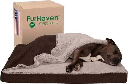 Furhaven Cooling Gel Dog Bed for Large/Medium Dogs w/ Removable Washable Cover, For Dogs Up to 55 lbs - Berber & Suede Blanket Top Mattress - Espresso, Large