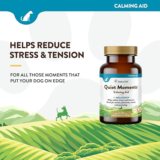 NaturVet Quiet Moments Calming Aid Melatonin Dog Supplement – Helps Reduce Stress in Dogs – for Pet Storm Anxiety, Motion Sickness, Grooming, Separation, Travel – 30 Ct. Tablets