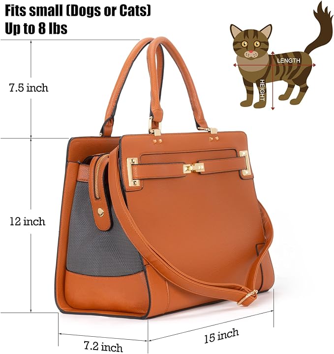 Fashion Pet Carrier Dog Cat Carrier Purse Soft-Sided Leather Handbag Pet Tote Bag for Small Dogs Puppy and Cats TSA Airline Approved (Brown)