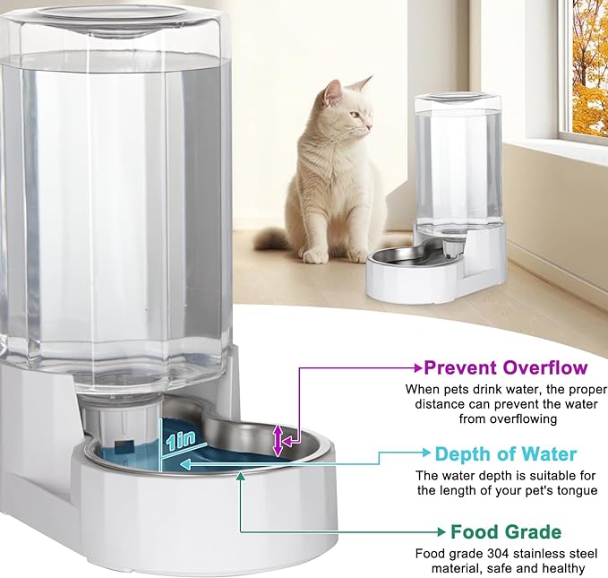 RIZZARI Automatic 4L Gravity Pet Water Dispenser with Stainless Steel Bowls, 100% BPA-Free,Safe and Large Capacity, Suitable for Small and Medium-Sized Cats and Dogs (4L Without Filter)