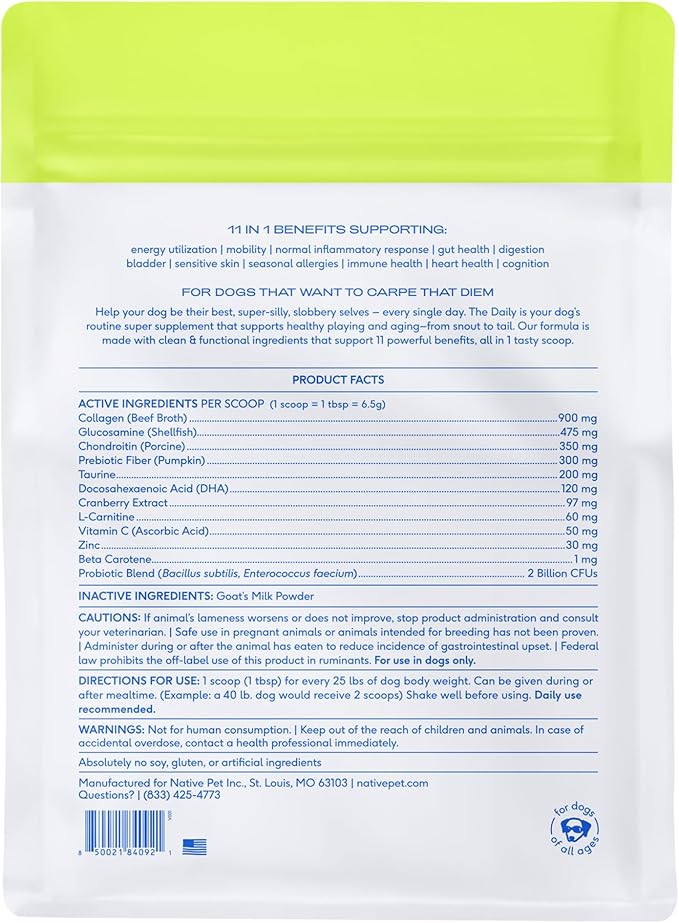 Native Pet The Daily Dog Supplement - 11 in 1 Dog Multivitamin - Tasty Scoop with Dog Vitamins and Supplements - Super Multi Vitamin for Dog Energy, Mobility, Skin & Coat - 12 Active Ingredients 28 oz