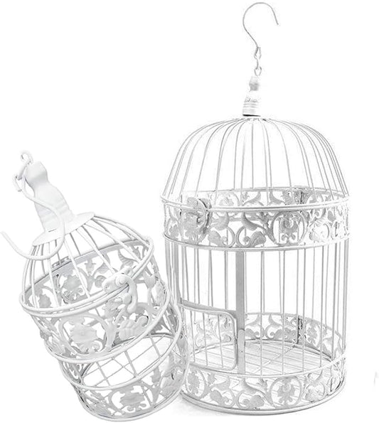 PET SHOW Pack of 2 Round Birdcages Decor Metal Wall Hanging Bird Cage for Small Birds Wedding Party Indoor Outdoor Decoration 9.8INCH and 13.8INCH Color Black White (White)