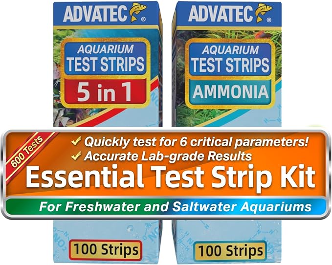 Essential Test Strip Kit - for Freshwater, Saltwater & Reef Aquariums, Test for 6 Parameters! - Fast Lab-Grade Results with Interpretation Guides! (100 Ct. - 200 Strips, 600 Tests)