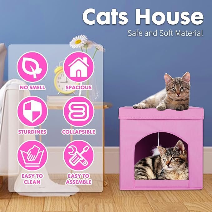 ShellKingdom Collapsible Cat House, Foldable Kitty Cat Cube and Cat Cave with Bed, Cat Stool Condo for Indoor Cats Gifts, 13 x 13 x 13 inches (Pink)