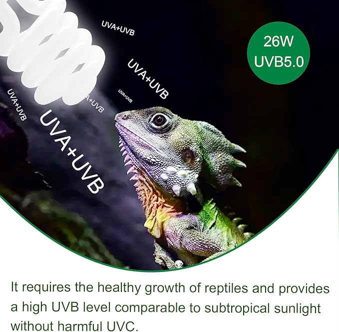 UVB Reptile Light Bulb 5.0 26W, UVA-UVB Bulbs for Reptiles Ideal for Rainforest Reptiles Bearded Dragons Lizard Tortoise Iguanas Chameleons Snake - 2 Pack