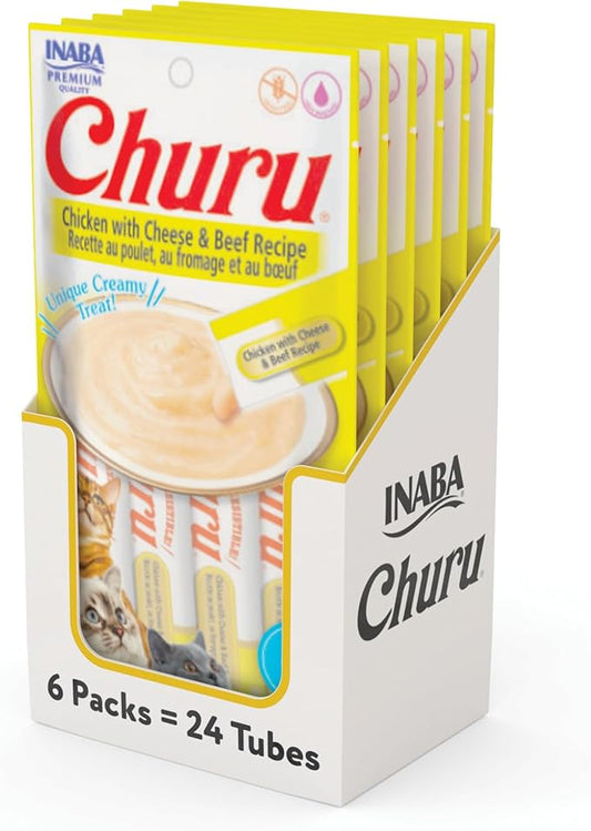 INABA Churu Cat Treats, Grain-Free, Lickable, Squeezable Creamy Purée Cat Treat/Topper with Vitamin E & Taurine, 0.5 Ounces Each Tube, 24 Tubes (4 per Pack), Chicken with Cheese & Beef Recipe