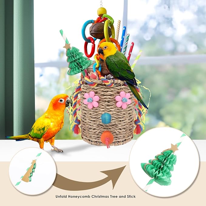 Bird Toys,Seagrass Foraging Basket Bird Toy with Colorful Crinkly Paper Wooden Blocks Paper and Bamboo Fingers Nuts DIY Honeycomb Tree for Small Parrot Birds