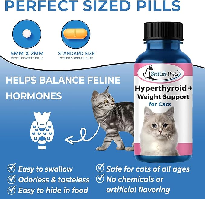 BestLife4Pets Cat Hyperthyroid + Weight Gain Support - Feline Thyroid Supplement for Metabolic Support - All-in-One Thyroid Supplement for Weight Management - Easy to Use Natural Pills