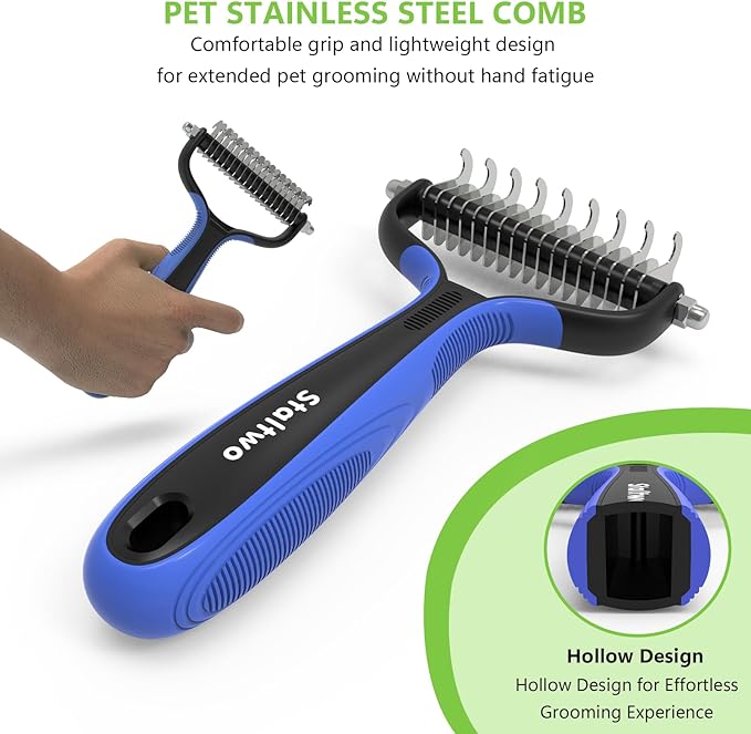 Pet Grooming Supplies - 2-in-1 Professional Undercoat Rake and Pet Brush | Shedding Control for Long-Haired Dogs and Cats, Deshedding Tool, Knot Removal,Blue