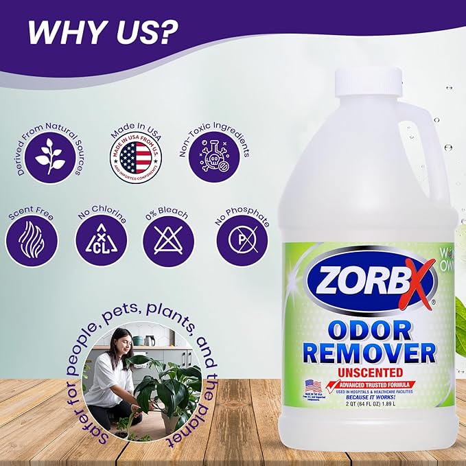 ZORBX Unscented Odor Eliminator for Strong Odor - Used in Hospitals & Healthcare Facilities | Advanced Trusted Formula, Fast-Acting Odor Remover Spray for Dog, Cat, House & Carpet (64 oz)