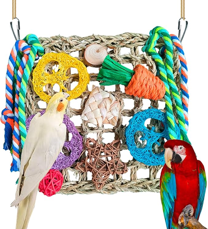 Parrot Toys, Bird Foraging Toys for Parakeets, Woven Climbing Hammock with Colorful Chewing Toys Seagrass Mat for Lovebirds, Parakeets, Budgerigars, Conure, Cockatiel