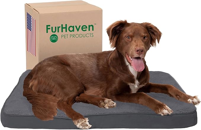 Furhaven Memory Foam Dog Bed for Large/Medium Dogs w/ Removable Washable Cover, For Dogs Up to 55 lbs - Terry & Suede Mattress - Gray, Large