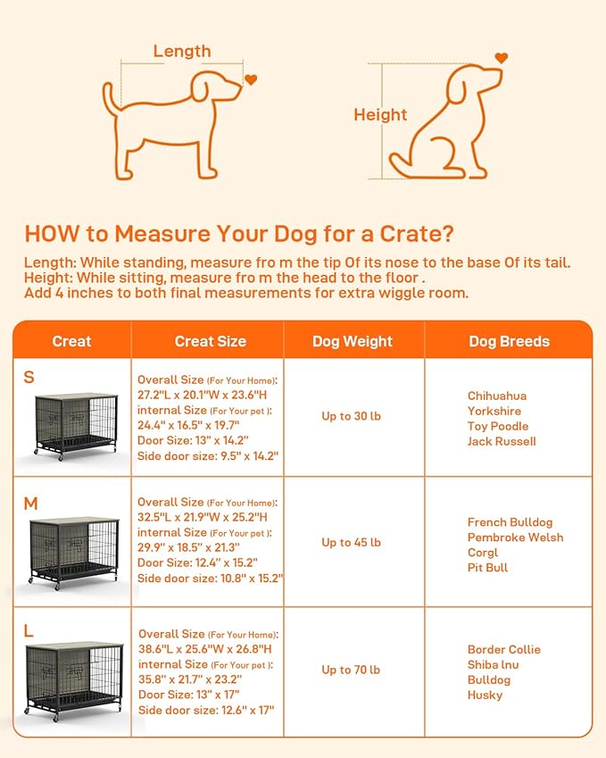 Dog Crate Furniture, 2024 Deluxe Wooden Dog Kennel with Removable Tray and Wheels, Heavy-Duty Double-Doors 38.6" Dog Cage End Table, Indoor Dog House for Large Dogs (Grey & Black, Large)