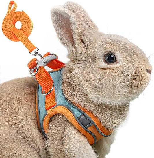 Adjustable Bunny Harness and Leash Set Double Buckle with Reflective Strips Rabbit Vest Pets Stuff Suitable for Rabbit Walks Accessories (Orange Green, M)
