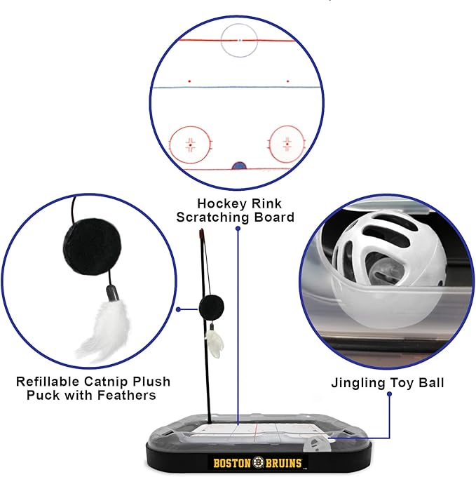 Pets First Cat Scratching Toy NHL Boston Bruins Hockey Field Cat Scratcher Tiy with Interactive Cat Ball Bell in Tracks. 5-in-1 CAT Toy