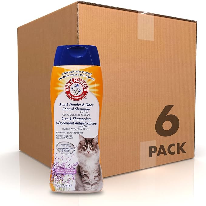 Arm & Hammer 2-in-1 Deodorizing & Dander Reducing Shampoo for Cats Cat Dander and Cat Odor Remover Baking Soda Moisturizes and Deodorizes, Lavender Chamomile Scent, 20 Fl Oz - (Pack of 6)