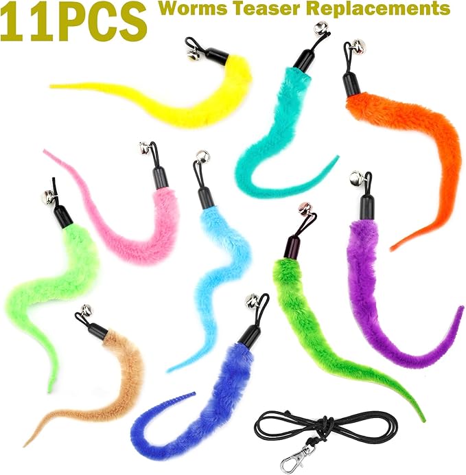 10PCS Cat Worm Toy for Cats, Cat Wand Toy Accessories, Cat Feather Toy Attachments Replacements, and 1PC Black String for Cat Fishing Pole Toy, Assorted Worm Cat Toy Teaser for Indoor Cats Kitten