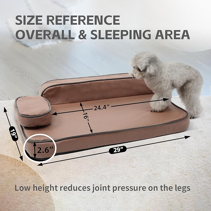 Dog Bed for Medium Dogs, Easy Clean Dog Sofa Air-Leather-Fabric Pet Bed, Stain & Waterproof Dog Bed with Memory Foam & Washable Cover, with Pillow & Side Cushion, Brown, M Size