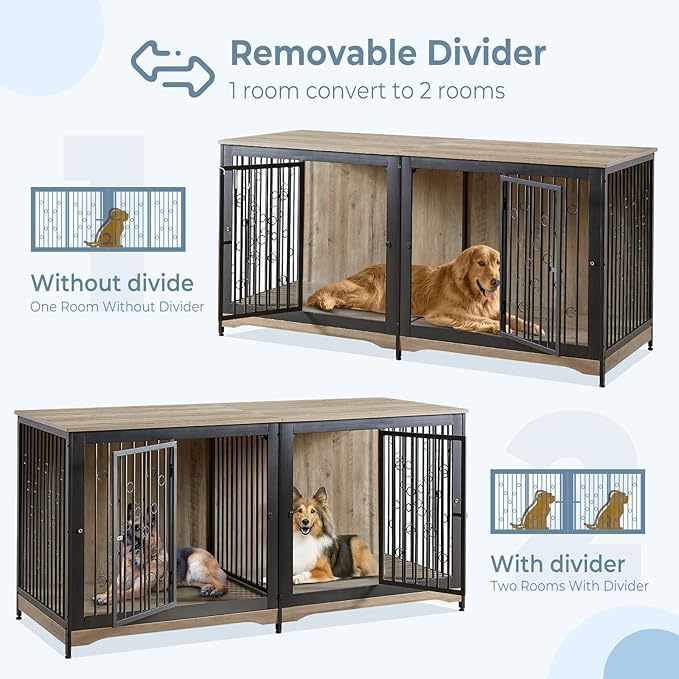 71'' Dog Crate Furniture for 2 Dogs, Wooden Double Dog Crate Large Breed with Cushion, XXL Indoor Dog Kennel TV Stand End Table with Divider for Large Medium Dogs, Grey