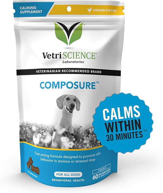 VetriScience Composure Calming Chews for Dogs - Clinically Proven Dog Anxiety Relief Supplement with Colostrum, L-Theanine & Vitamin B1 for Stress, Storms, Separation & More - 60 Count, Chicken Flavor