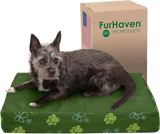 Furhaven Water-Resistant Cooling Gel Dog Bed for Small Dogs w/ Removable Washable Cover, For Dogs Up to 20 lbs - Indoor/Outdoor Garden Print Mattress - Jungle Green, Small