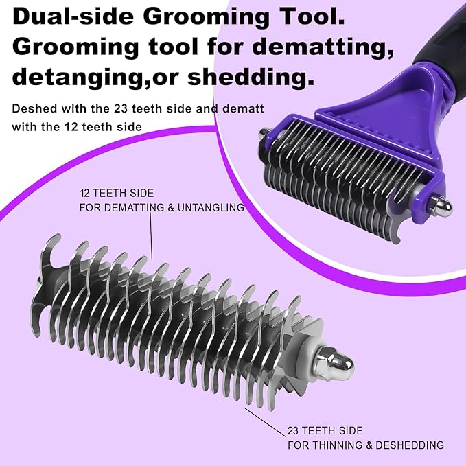 Pet Grooming Brush, Double Sided Undercoat Rake for Dogs & Cats, Professional Deshedding Brush and Dematting Tool, Safe and Effective Removing Knots, Mats, Tangles,and Flying Hair