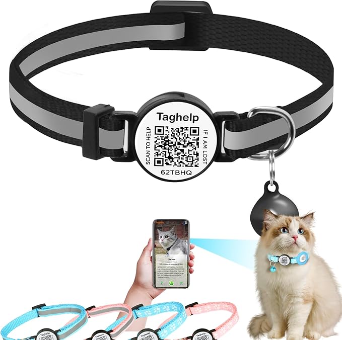 Reflective Kitten Collars with Bell,Cat Collar Breakaway with QR Code Name Tag, Cat ID Tag Personalized, Ultra-Durable, Adjustable, Quick Release, Fits Most Girl Boy Small Large Cats (Black A)