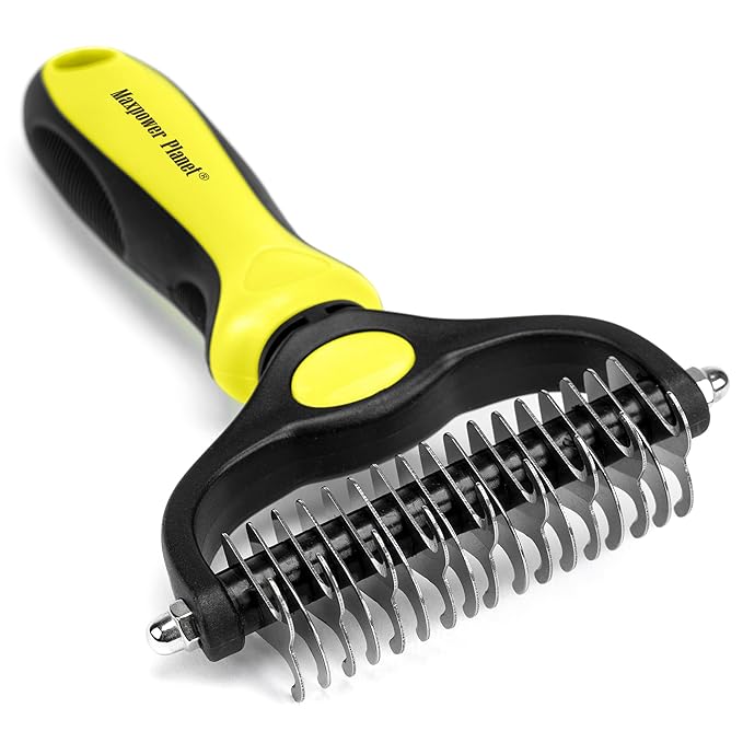 Maxpower Planet Pet Grooming Brush - Double Sided Shedding, Dematting Undercoat Rake for Dogs, Cats - Extra Wide Dog Grooming Brush, Dog Brush for Shedding, Cat Brush, Reduce Shedding by 95%, Yellow