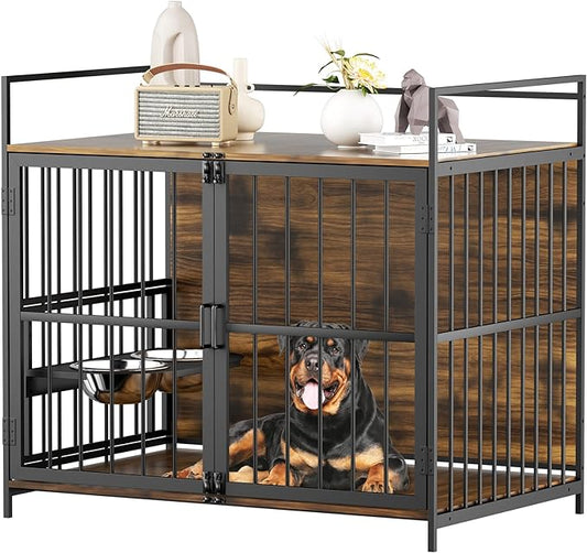 ROOMTEC Dog Crate Furniture-Style Cages for Large Dogs Indoor Heavy Duty Super Sturdy Dog Kennels with 2 Stainless Steel Bowls (48Inch = Int.dims: 46" W x 29" D x 35.5" H)