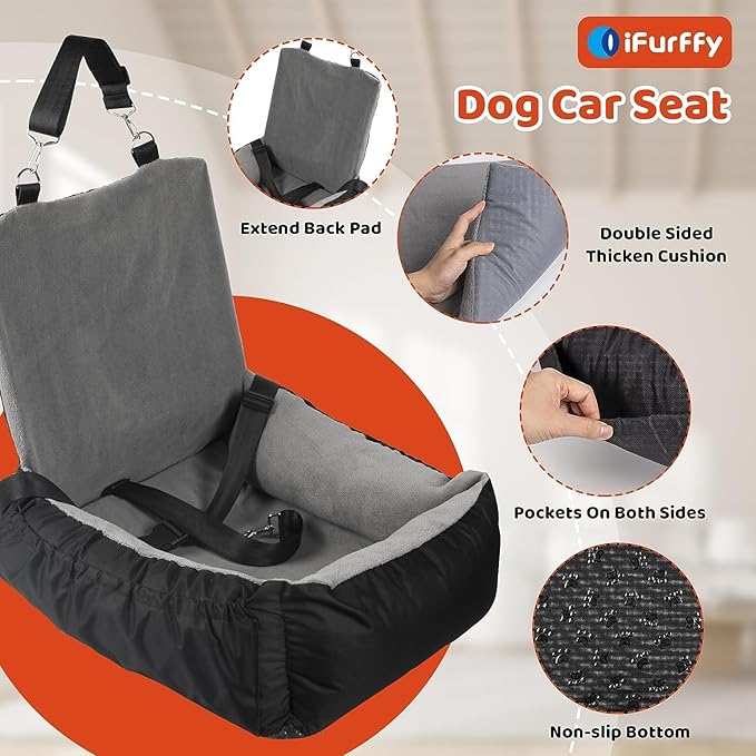 IFurffy Dog Car Seat, Pet Car Seat with Storage Pockets and Clip-On Safety Leash, Washable Coral Fleece Dog Booster Seat for Small Medium Dogs, Small Dog Car Seat for Travel Dog Car Bed (Gray)