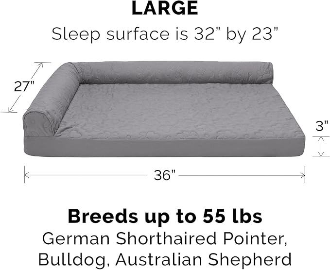 Furhaven Orthopedic Dog Bed for Large/Medium Dogs w/ Removable Bolsters & Washable Cover, For Dogs Up to 55 lbs - Pinsonic Quilted Paw L Shaped Chaise - Titanium, Large