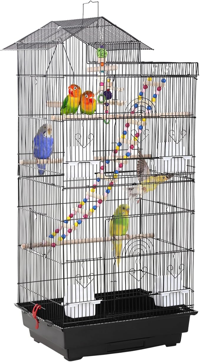 FDW 39 Inch Bird Cage Parakeet Cage with Play Top Rolling Stand & Easy Clean Pull-Out Tray Roof Top Parrot Cage for for Finches Canaries Parakeets Cockatiels & Other Small Birds, Black