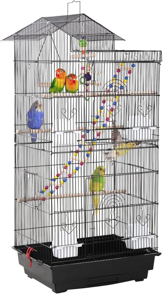 FDW 39 Inch Bird Cage Parakeet Cage with Play Top Rolling Stand & Easy Clean Pull-Out Tray Roof Top Parrot Cage for for Finches Canaries Parakeets Cockatiels & Other Small Birds, Black