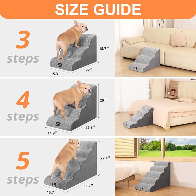 Dog Stairs for Small Dogs, Dog Steps for Bed, 3 Step Dog Stairs for Medium Dogs, Pet Stairs for High Beds and Couch, Pet Steps for Bed, Non-Slip Balanced Stable Bed Stairs for Dog, Grey