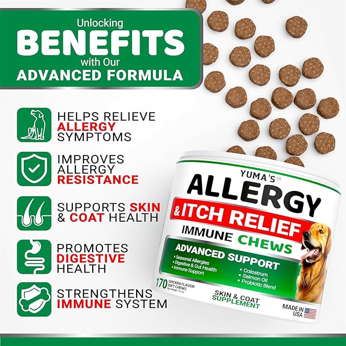YUMA'S 2-Pack Dog Allergy Relief Chews - Dog Itching Skin Relief Treatment Pills - Anti-Itch for Dogs - Itchy and Paw Licking - Dry Skin & Hot Spots - Omega 3 Fish Oil - Skin & Coat Supplement