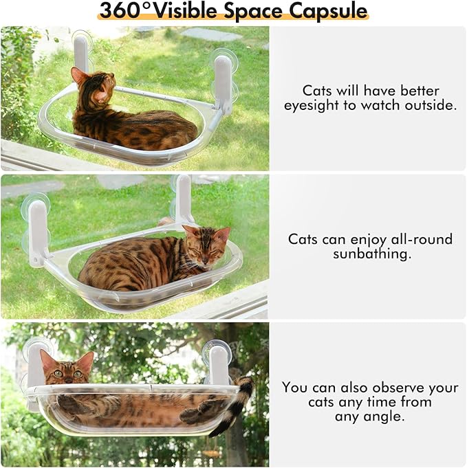 Transparent Cat Window Perch, Durable Window Mounted Space Capsule Hammock Seat for Large Cats, Easy to Clean ABS Material Cat Bed Body with Plush Mat (Space Capsule Cat Bed)