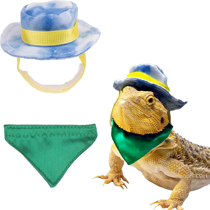 ADOGGYGO Bearded Dragon Cowboy Hat Bandana Set, Halloween Lizard Cowboy Costume Bearded Dragon Accessories Small Animal Reptile Cosplay Outfits (Cowboy Blue)